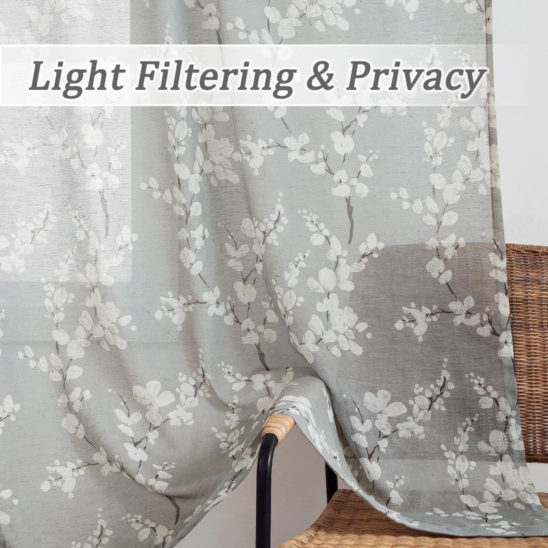 FMFUNCTEX Linen Sheer Curtains for Bedroom, Grey White Blossom Print Curtains 63 Inch Length for Living Room, Floral Patterned Farmhouse Curtain Light Filtering Window Drapes 2 Panels, Rod Pocket - Image 3